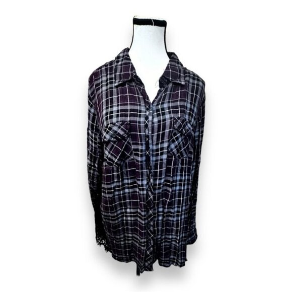 Women’s torrid 1 Purple Plaid Lace Inset Camp Button Down Shirt 14 16 1X 1XL - Picture 3 of 15